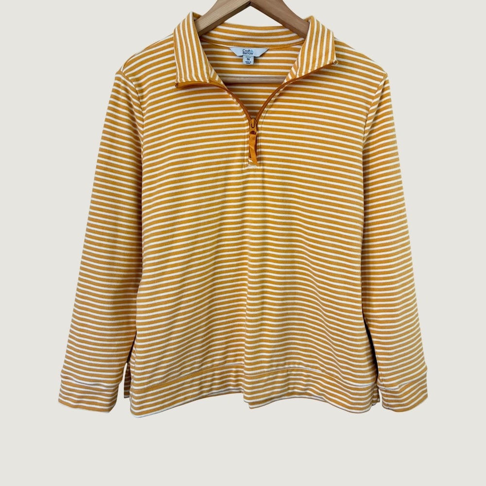 Croft & Barrow Mustard Yellow White Striped Quarter Zip Fleece Pullover Petite M